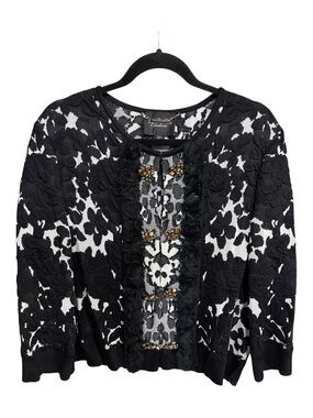 NWOT St John Couture Black & White Floral w Gold Hue Accent Cardigan Sz XL(L)